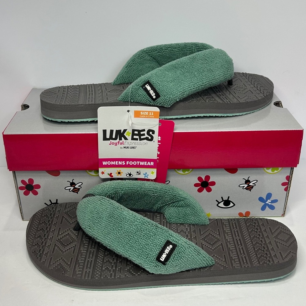 LUK-EES by MUK LUKS Joyful Expression Mint Terry Flip Flops Womens 11 New - Picture 1 of 12